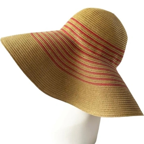 J. Crew Floppy Wide Brim Red Striped Straw Sun Beach Hat - Picture 1 of 7